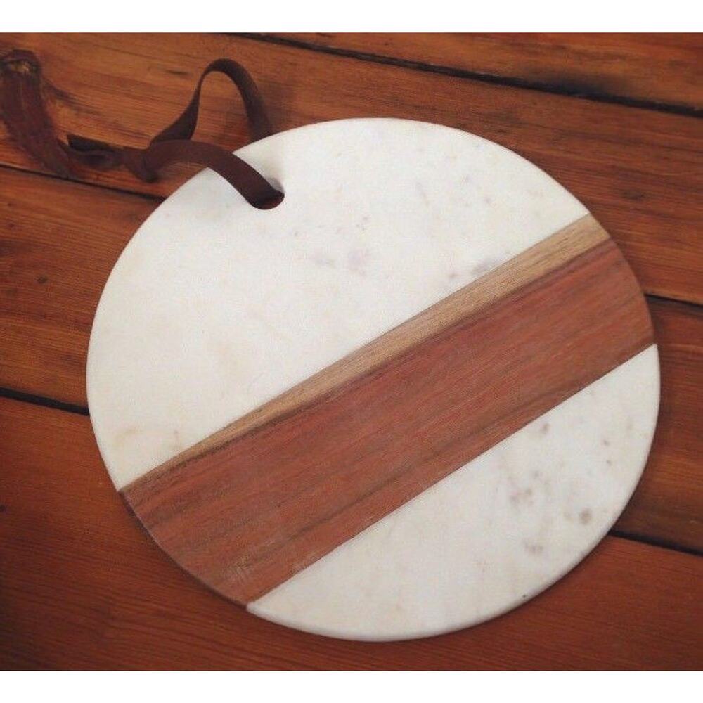 Be Home Round White Marble Teak Hard Wood Cutting Cheese Board 12" Leather Strap